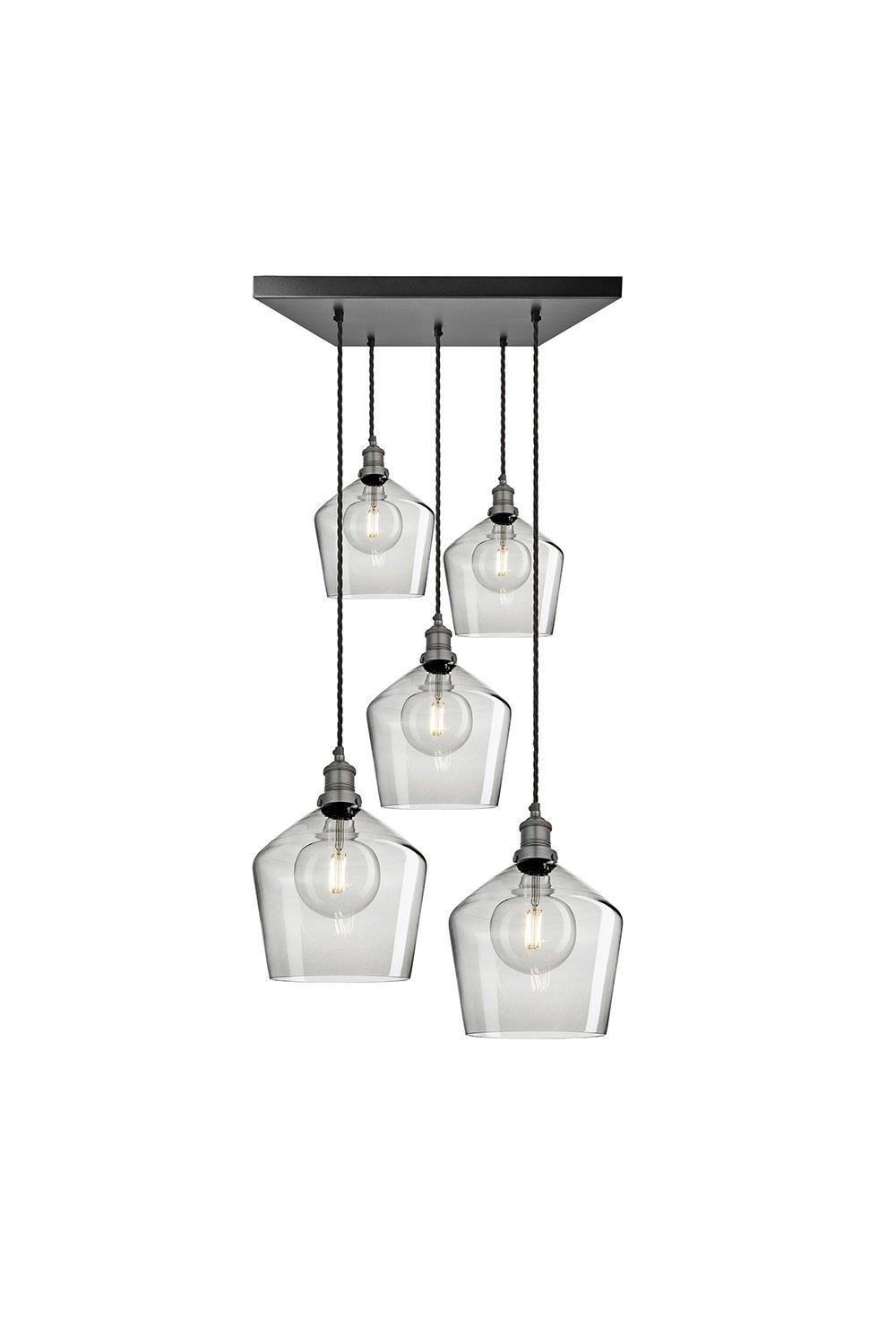 Brooklyn Tinted Glass Schoolhouse 5 Wire Square Cluster Lights, 10 inch, Smoke Grey, Pewter holder