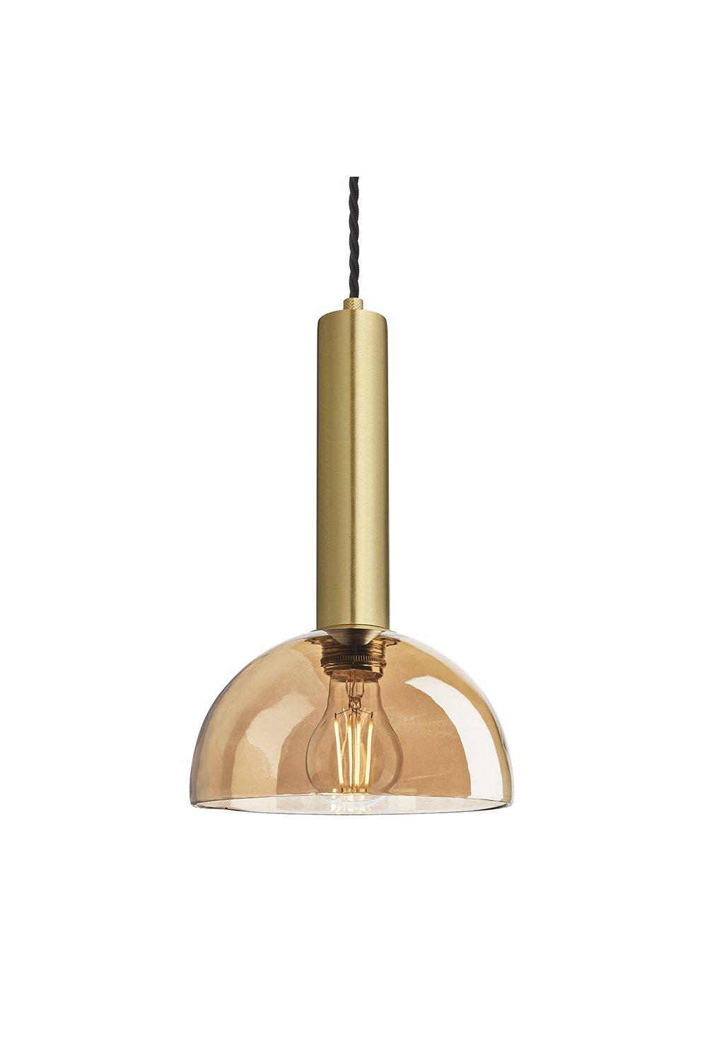 Sleek Cylinder Tinted Glass Dome Pendant Light, 8 Inch, Amber, Brass Holder