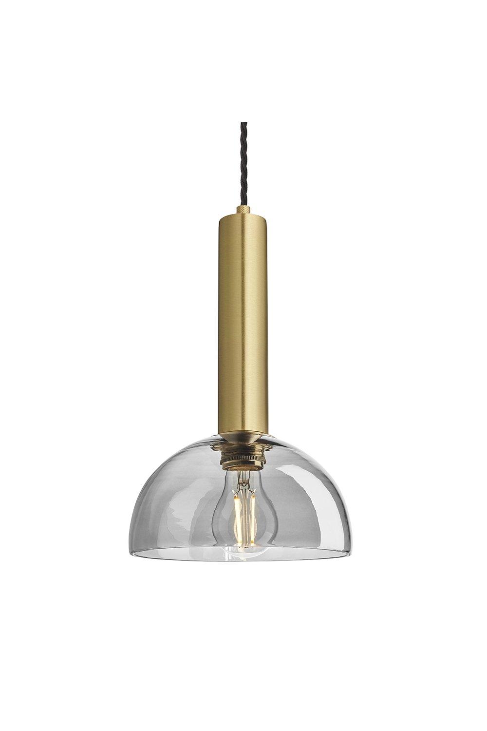 Sleek Cylinder Tinted Glass Dome Pendant Light, 8 Inch, Smoke Grey , Brass Holder