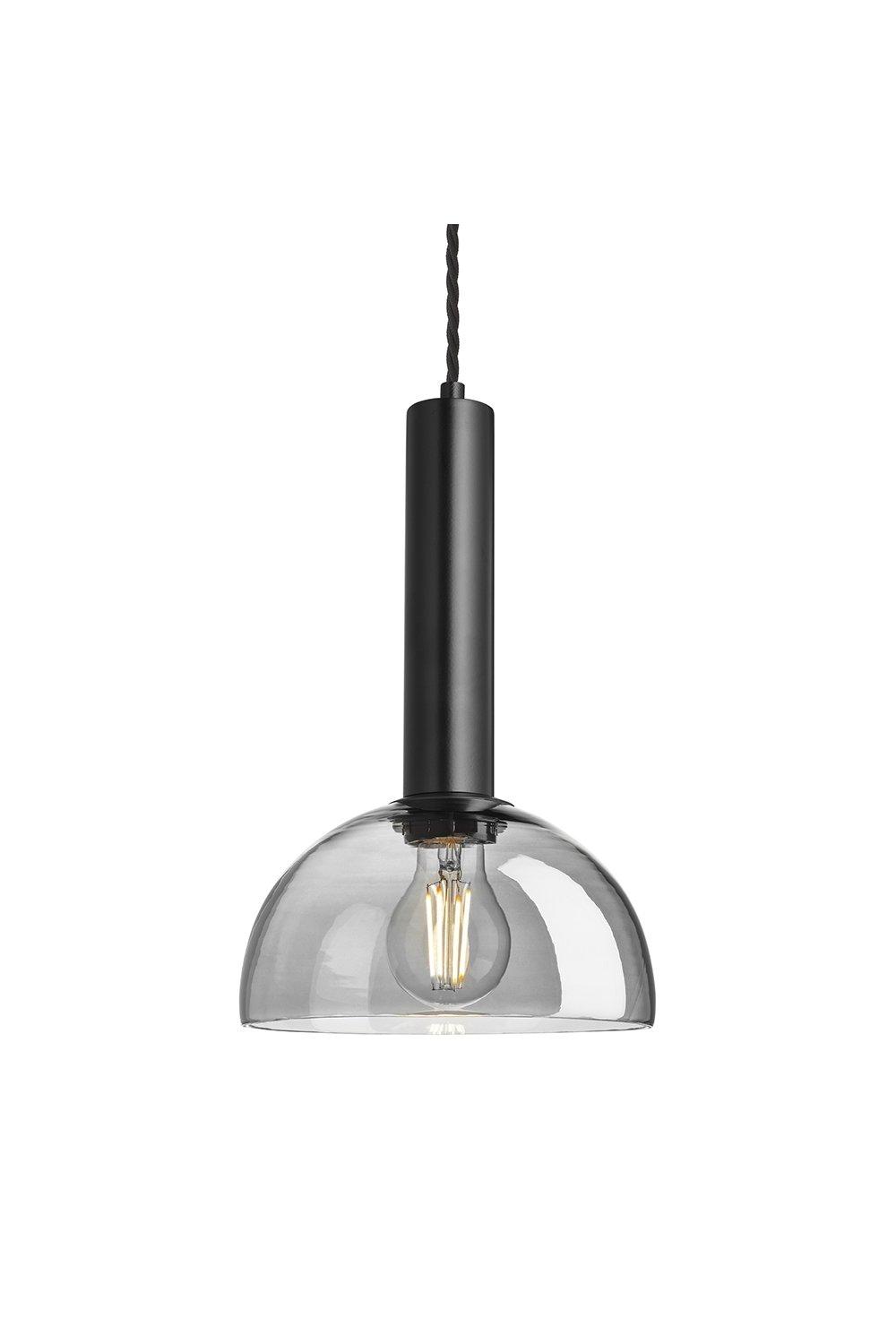 Sleek Cylinder Tinted Glass Dome Pendant Light, 8 Inch, Smoke Grey, Black Holder