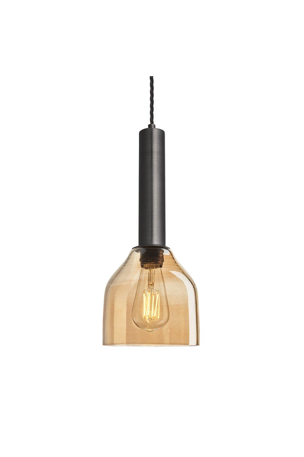 Sleek Cylinder Tinted Glass Cone Pendant Light, 6 Inch, Amber, Pewter Holder
