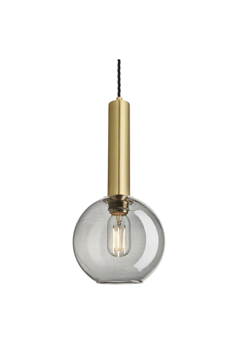 Sleek Cylinder Tinted Glass Globe Pendant Light, 7 Inch, Smoke Grey, Brass Holder