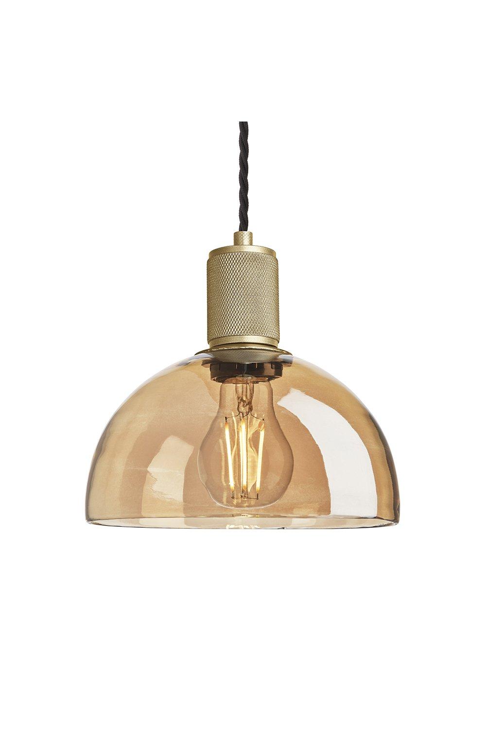 Knurled Tinted Glass Dome Pendant Light, 8 Inch, Amber, Brass Holder