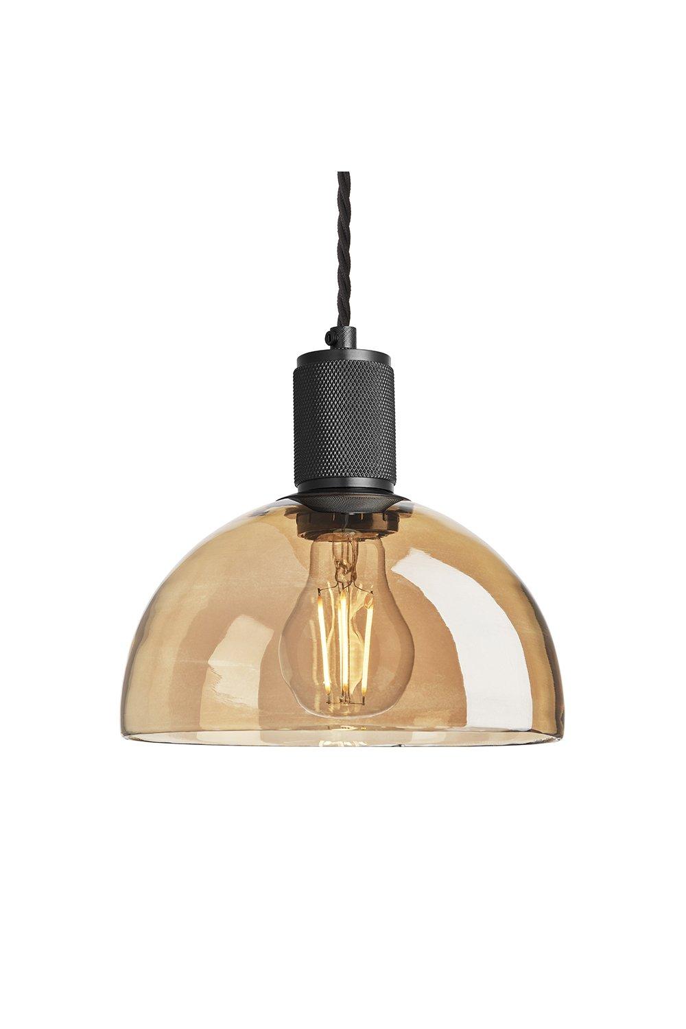 Knurled Tinted Glass Dome Pendant Light, 8 Inch, Amber, Black Holder