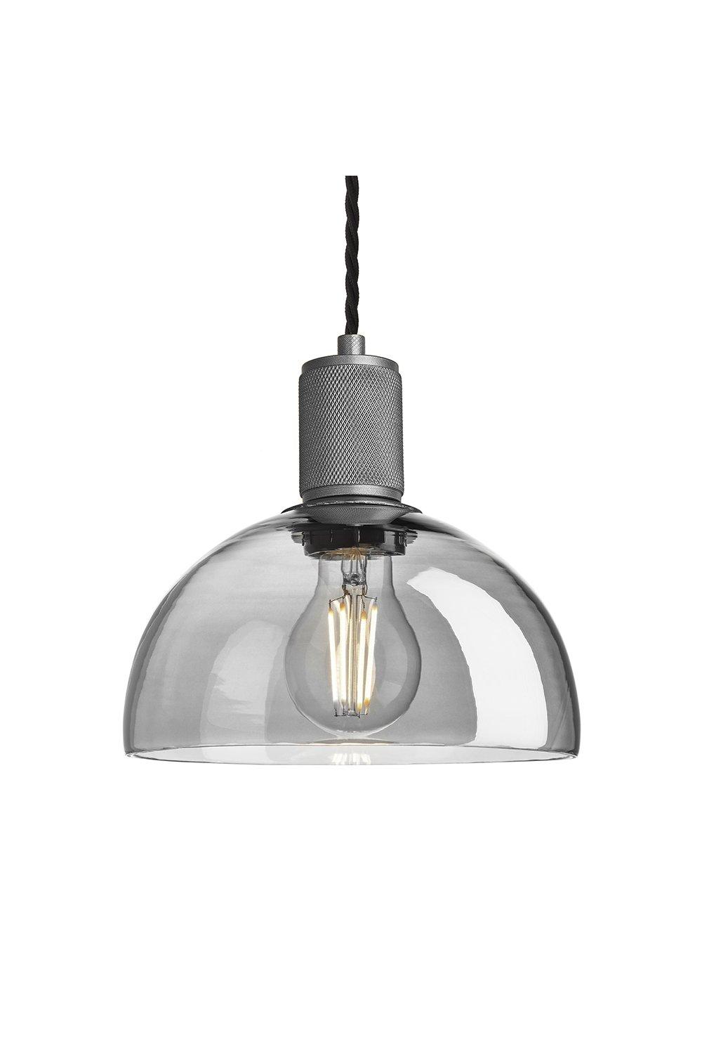 Knurled Tinted Glass Dome Pendant Light, 8 Inch, Smoke Grey, Pewter Holder