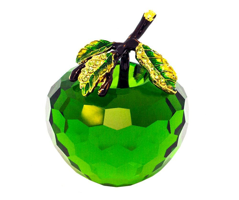 Pure Crystal Glass Green Apple with Leaf Decoration Ornament by Happy Homewares