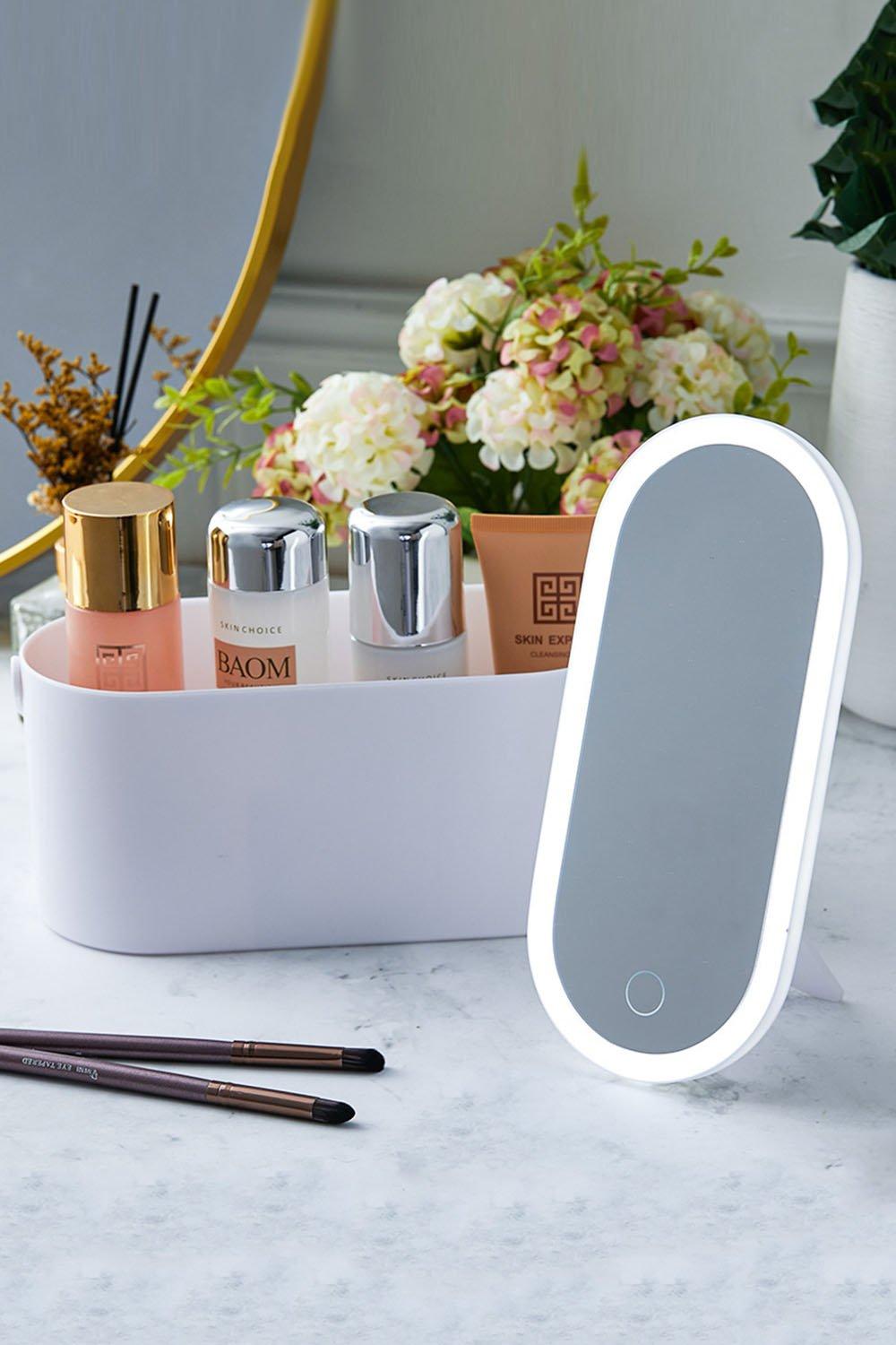 Portable Round Vanity Cosmetic Storage Box with LED Lights Mirror