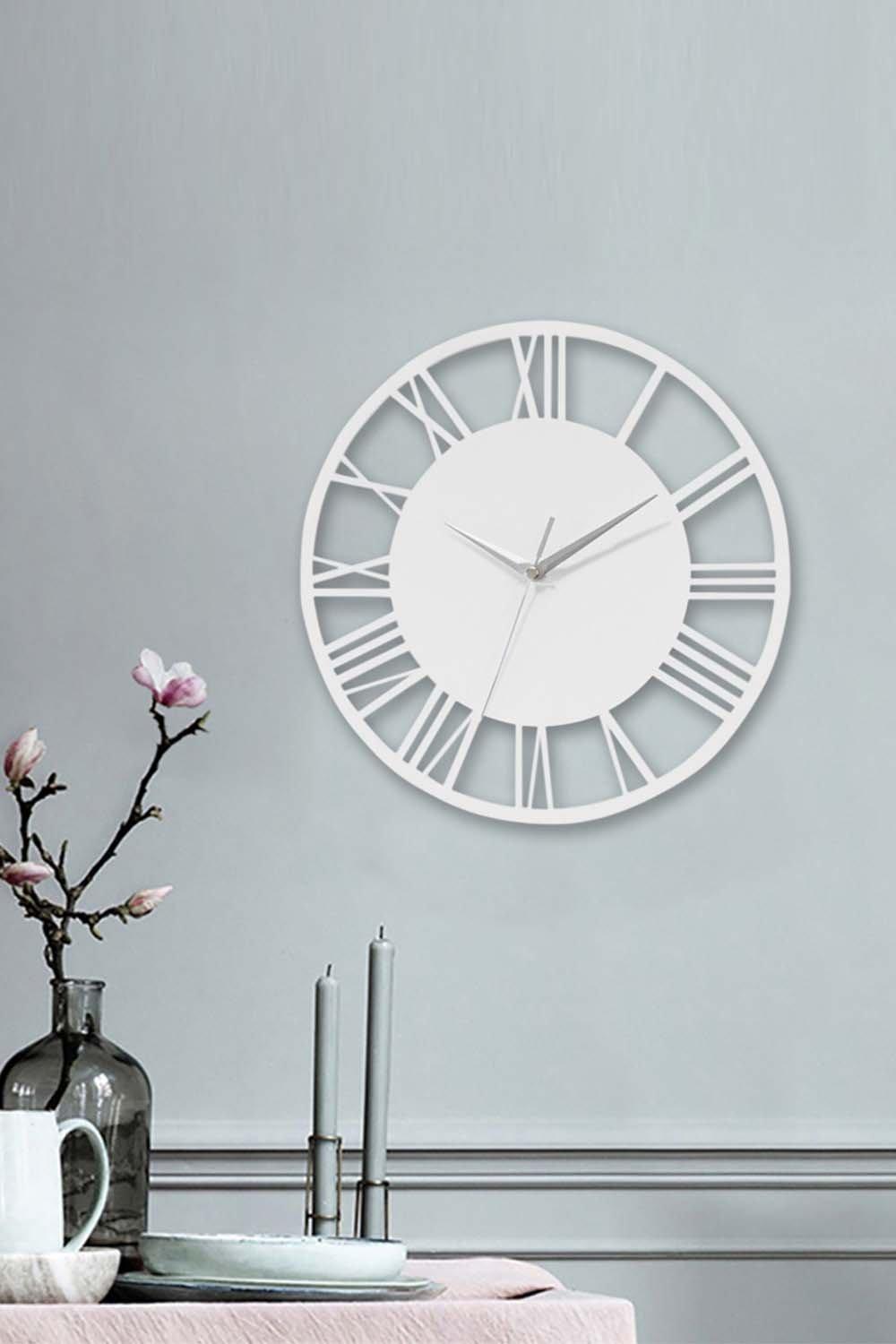 30cm Dia White Round Roman Numeral Skeleton Wall Clock with Silver Needle