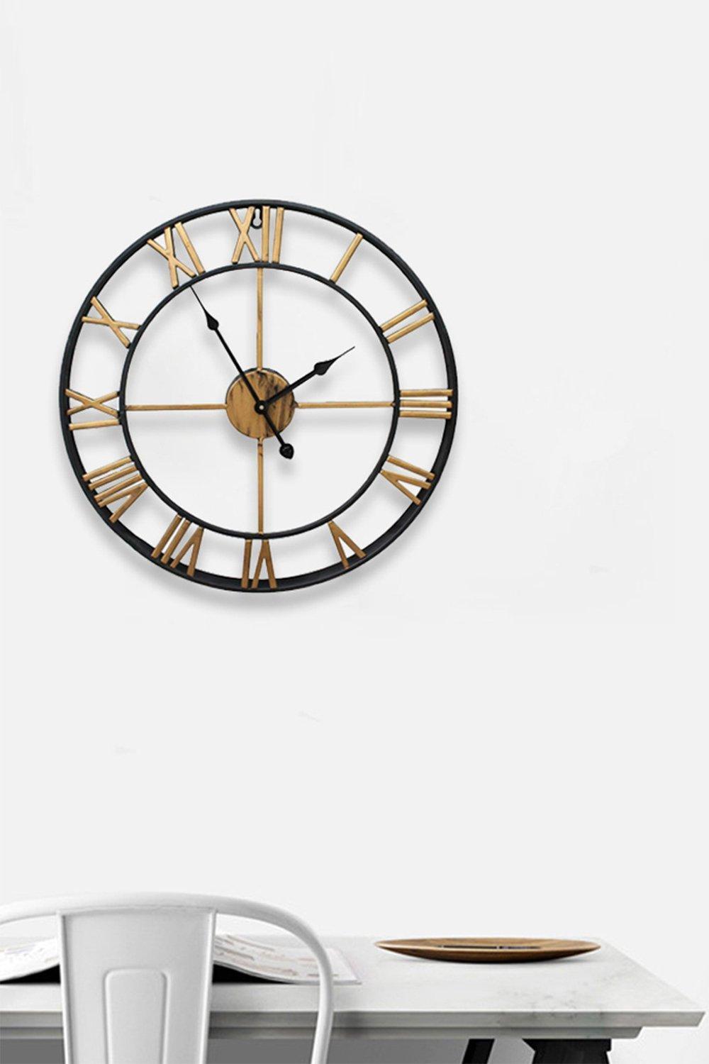 60cm Dia Black Frame Gold Roman Numeral Skeleton Wall Clock