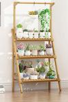 Living and Home 3-Tier Foldable Wooden Ladder Shelf with Hanging Rod thumbnail 1