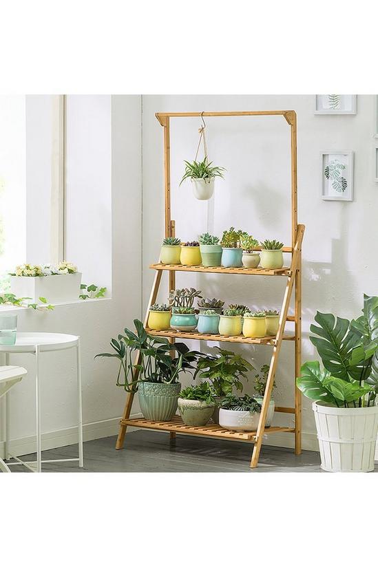 Living and Home 3-Tier Foldable Wooden Ladder Shelf with Hanging Rod 3