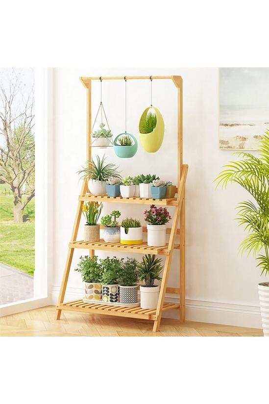 Living and Home 3-Tier Foldable Wooden Ladder Shelf with Hanging Rod 4