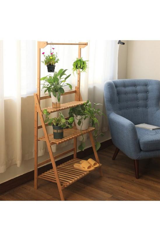 Living and Home 3-Tier Foldable Wooden Ladder Shelf with Hanging Rod 6