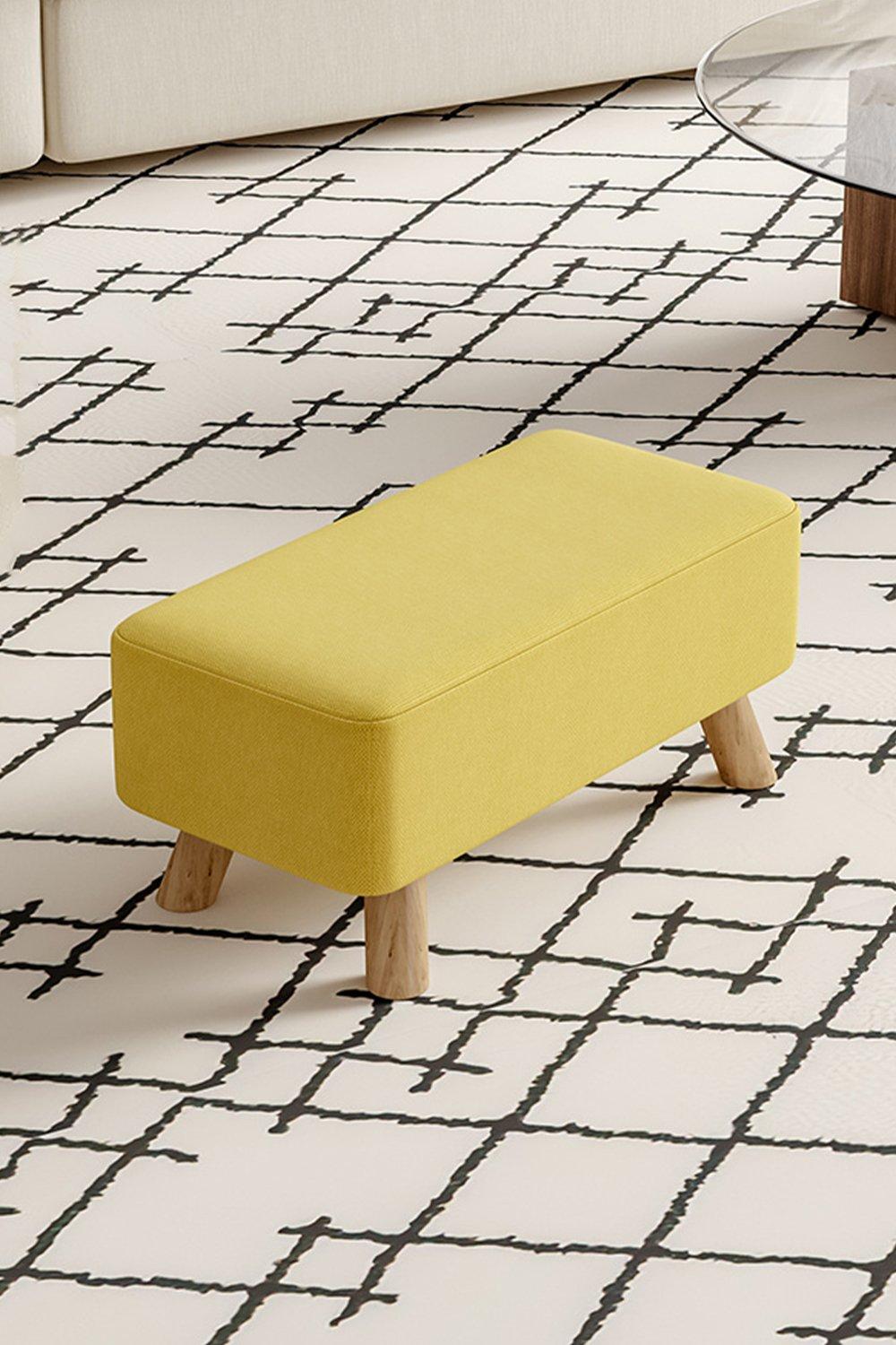 Yellow Linen Rectangular Footstool Shoes Changing Stool with Pine Leg