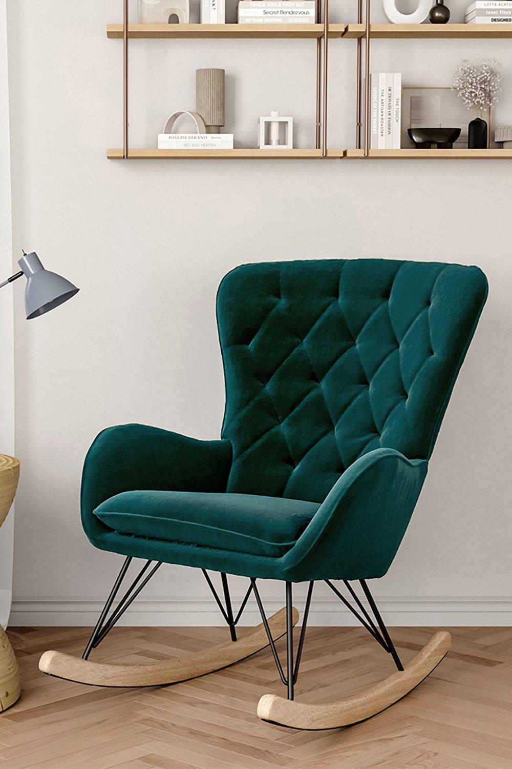 Green Modern Diamond Check Tufted Velvet Rocking Chair