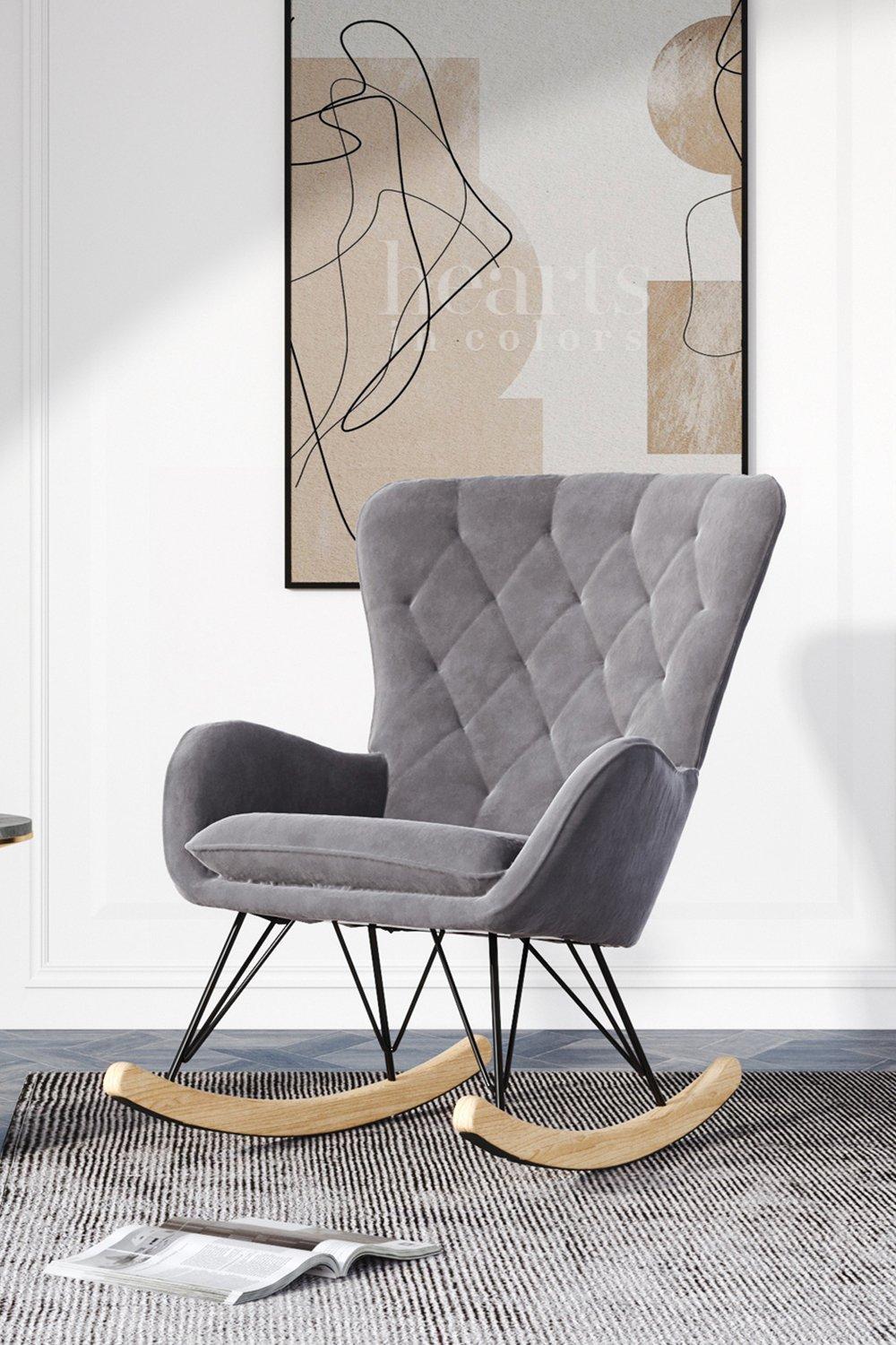 Grey Modern Diamond Check Tufted Velvet Rocking Chair