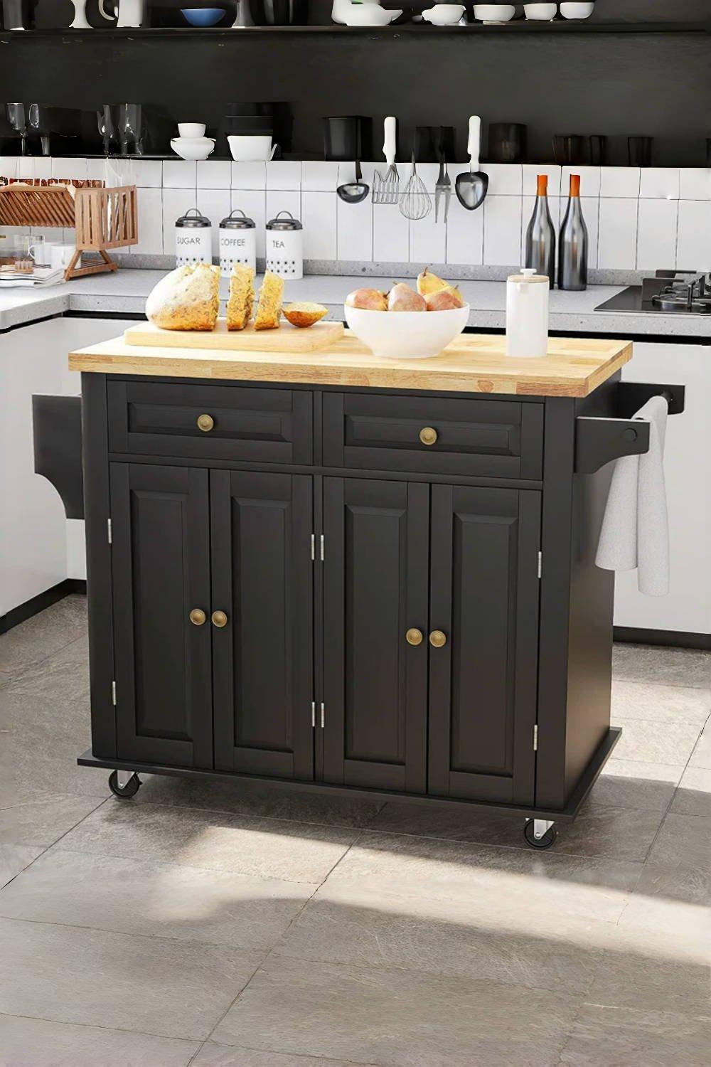 106cm W x 93cm H Black Kitchen Catering Trolley with 4 Doors and 2 Drawers