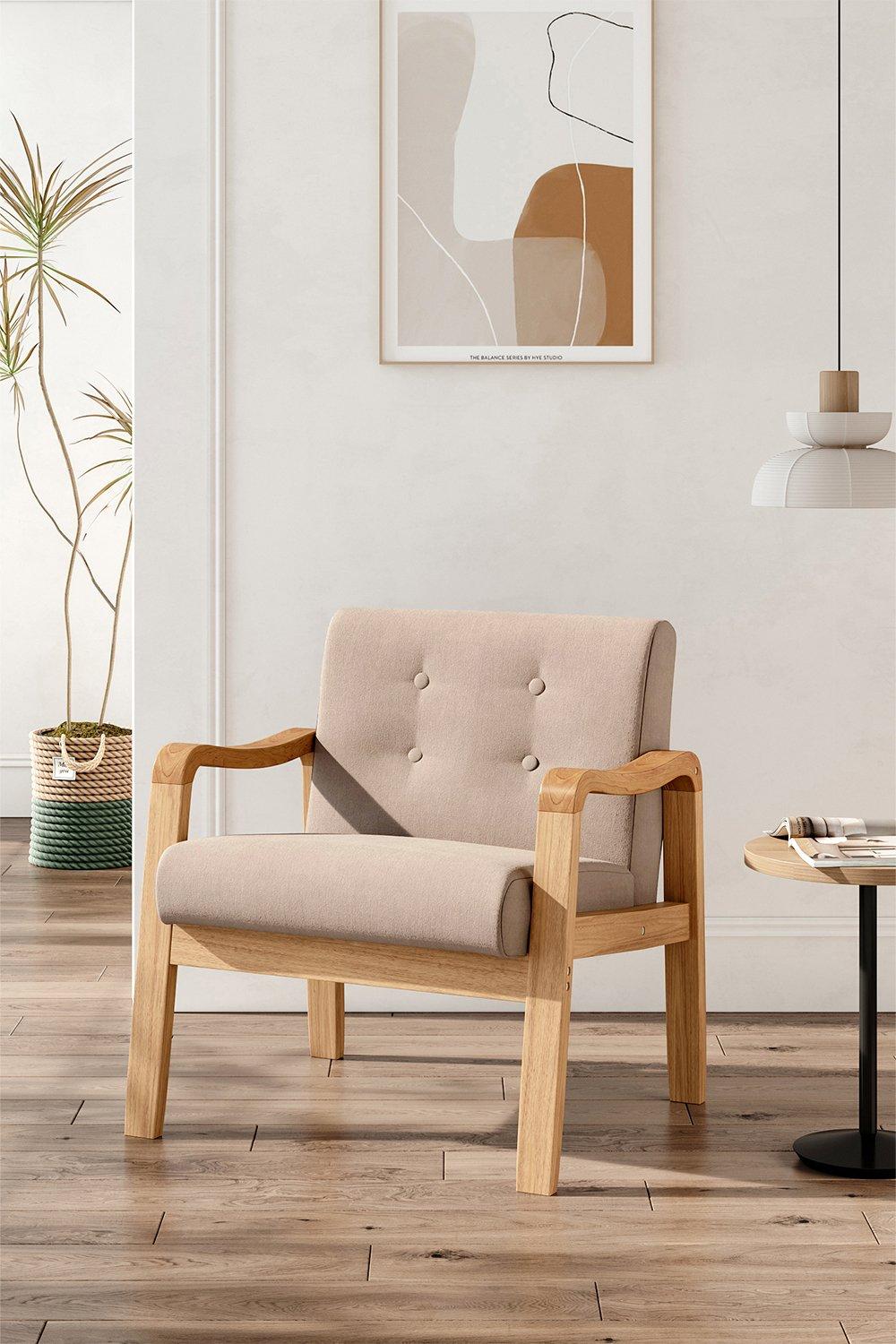 Beige Wood Frame Upholstered Armchair with Square Leg