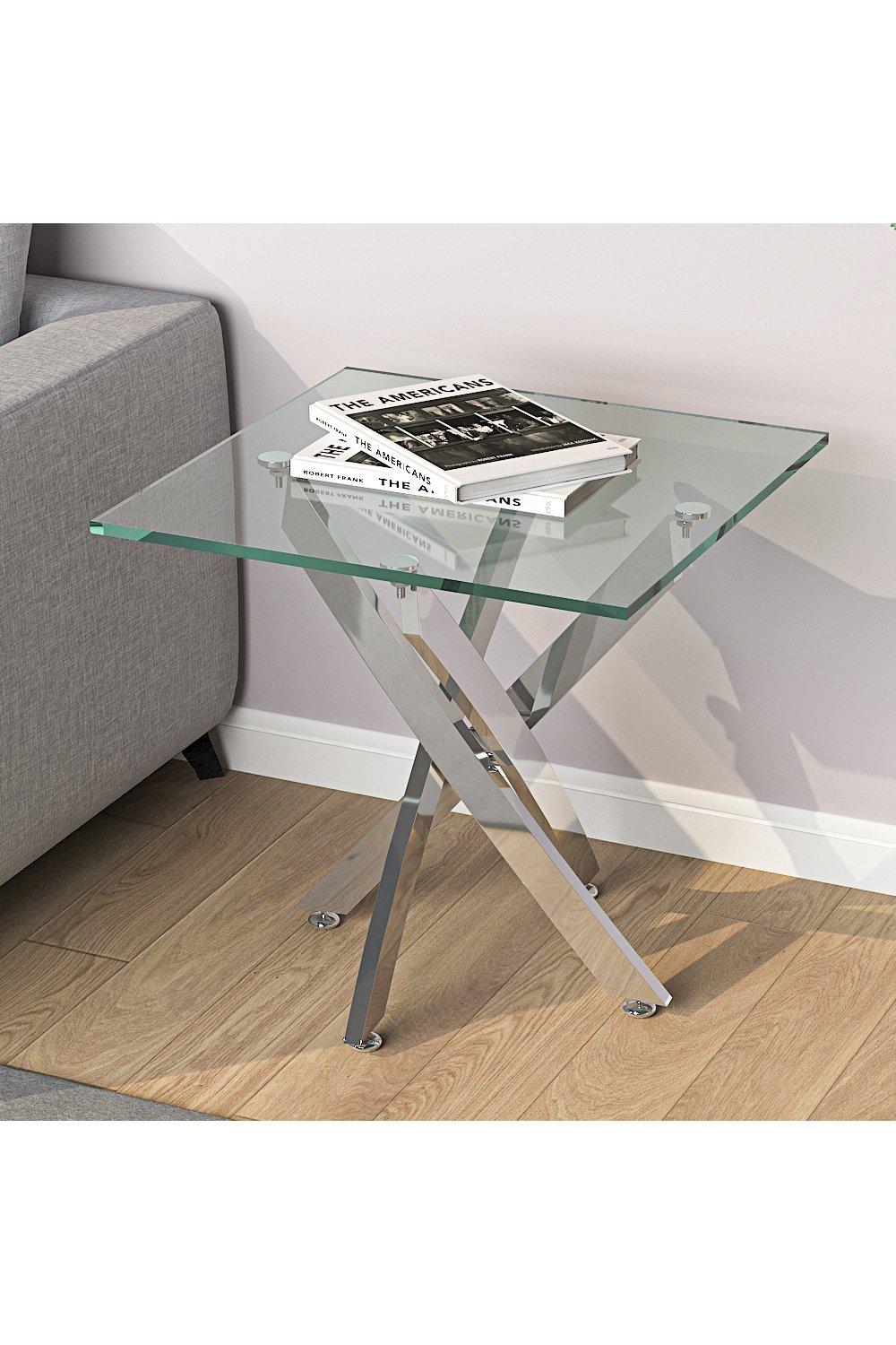 Modern Square Tempered Glass Top Coffee End Table with Chrome Cross Leg