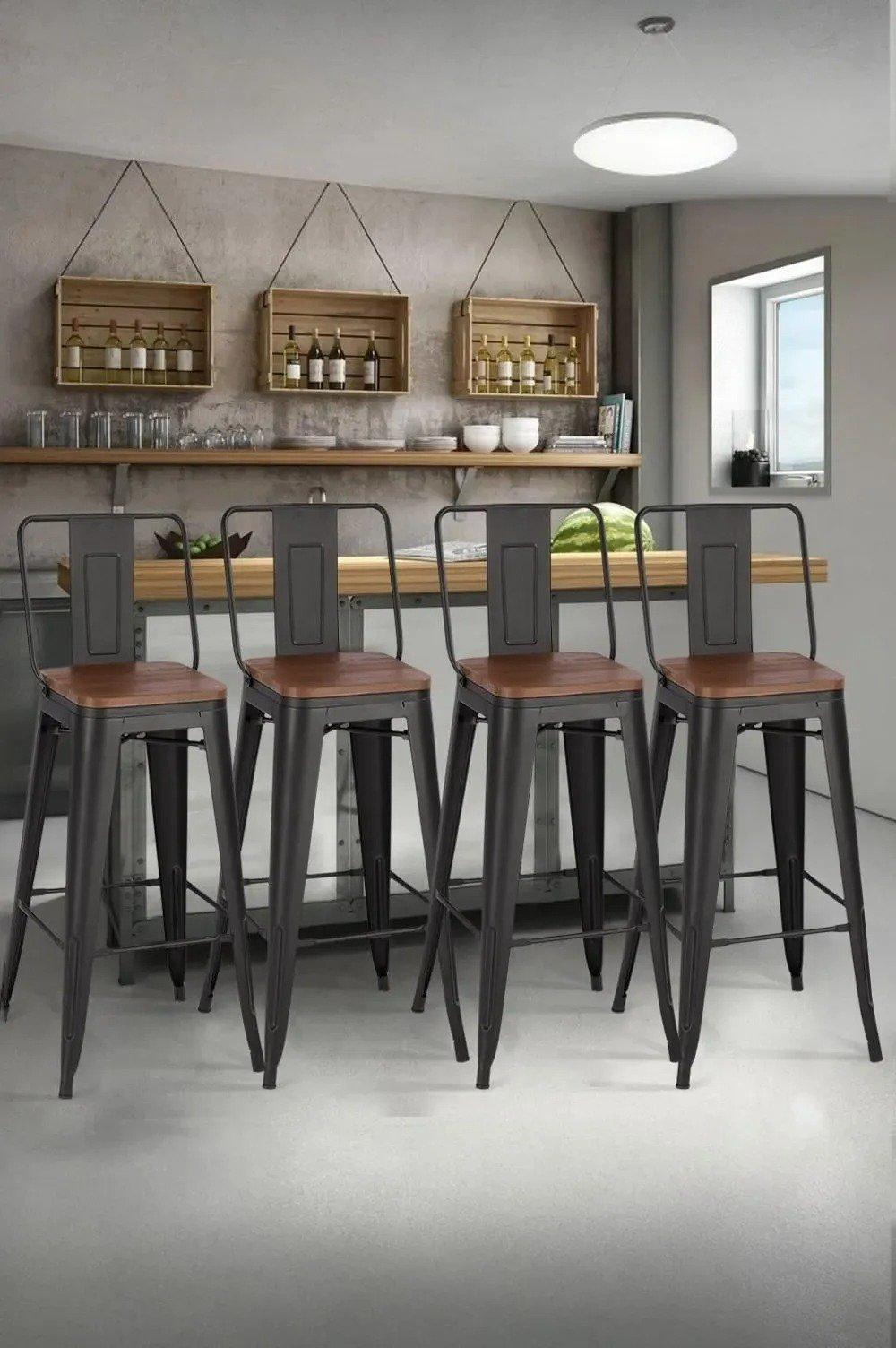 4Pcs Industrial Style High Chair Metal Frame Bar Stool with Footrest