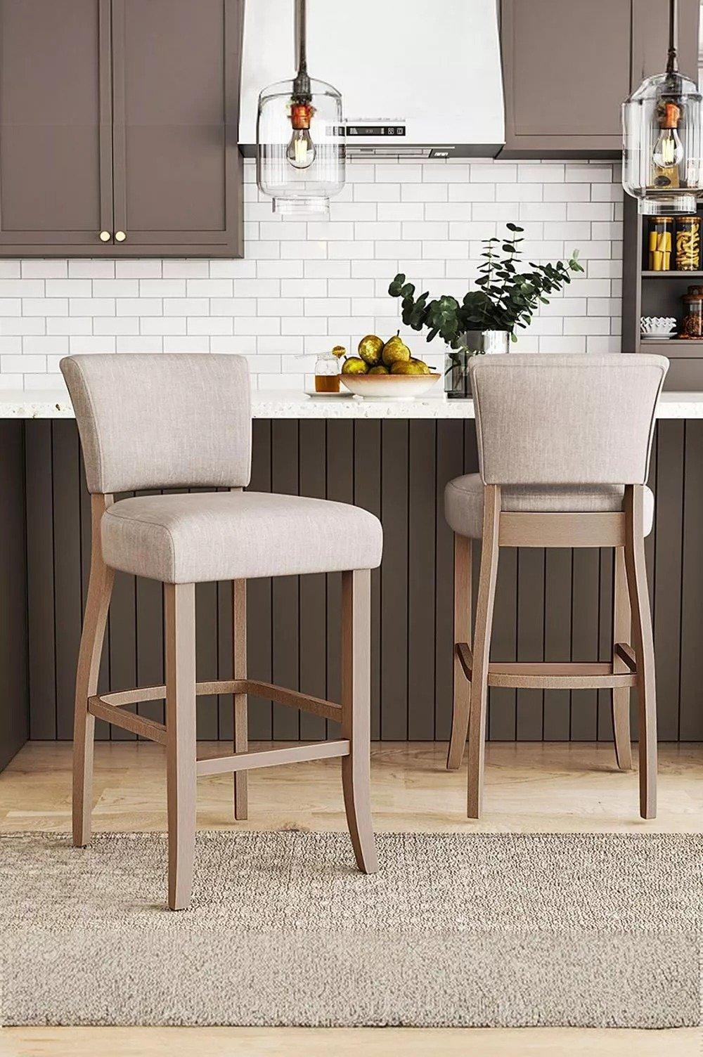 Set of 2 Beige Linen Bar Stools Dining Chair with Back Footrest