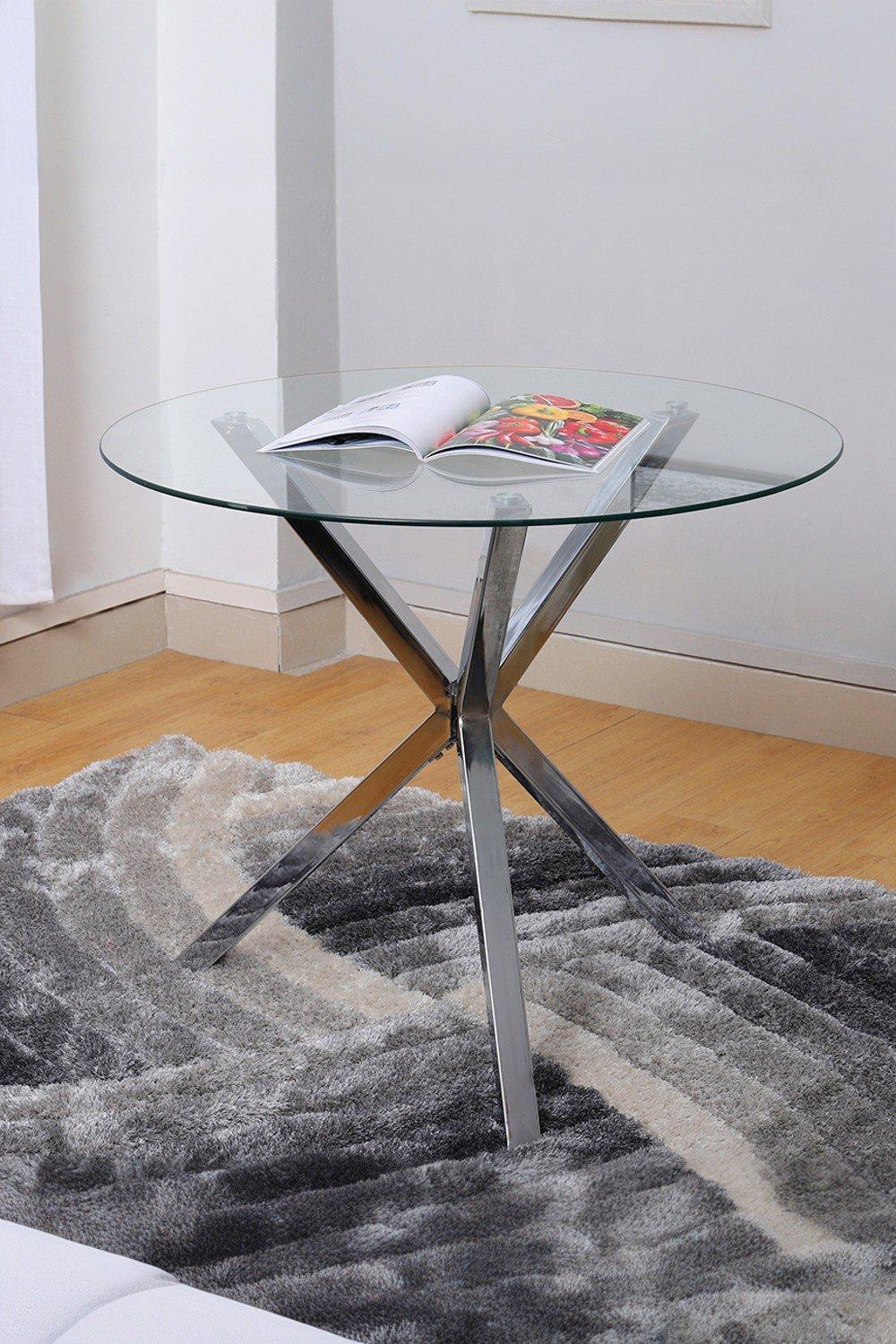 Modern Clear Tempered Glass Coffee Table with Chrome Three-Way Crossed Legs