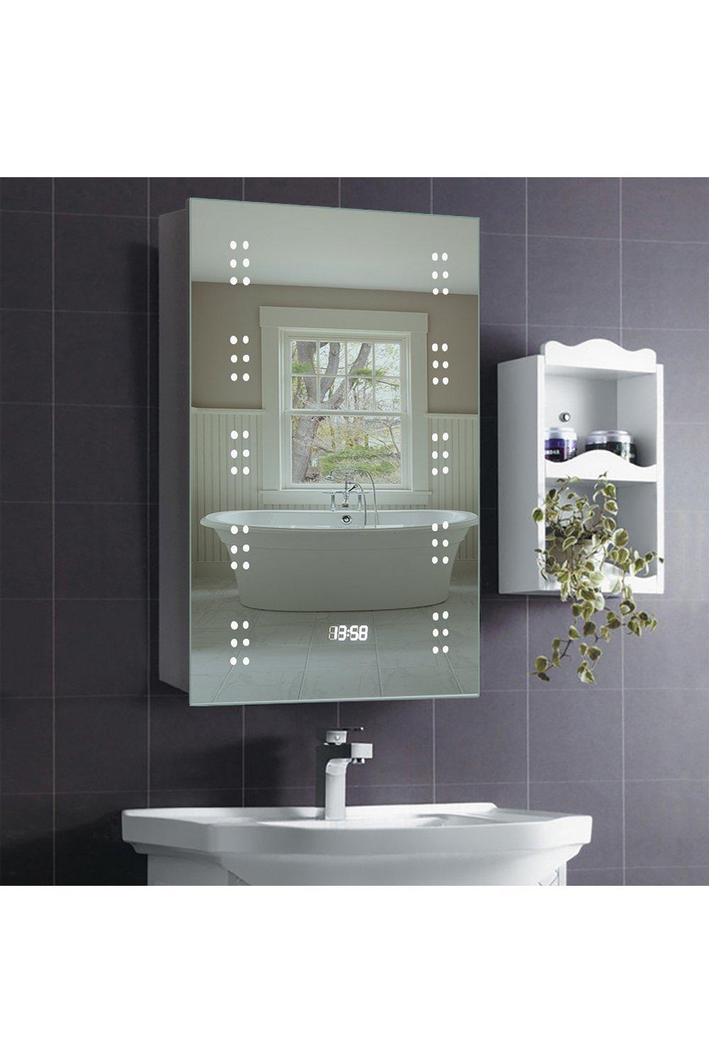 Six-Hole Vertical Strip LED Anti-Fog Storage Mirror Cabinet with Sensor Switch and Clock