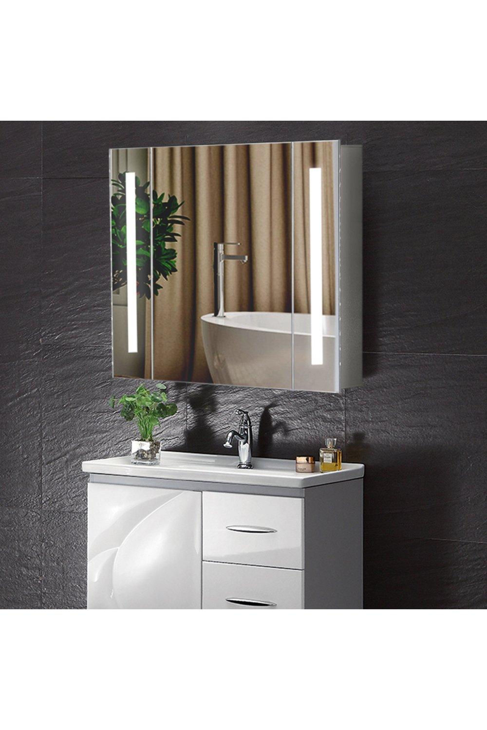 Vertical Strip LED Anti-Fog Mirror Cabinet with Sensor Switch and Shelves