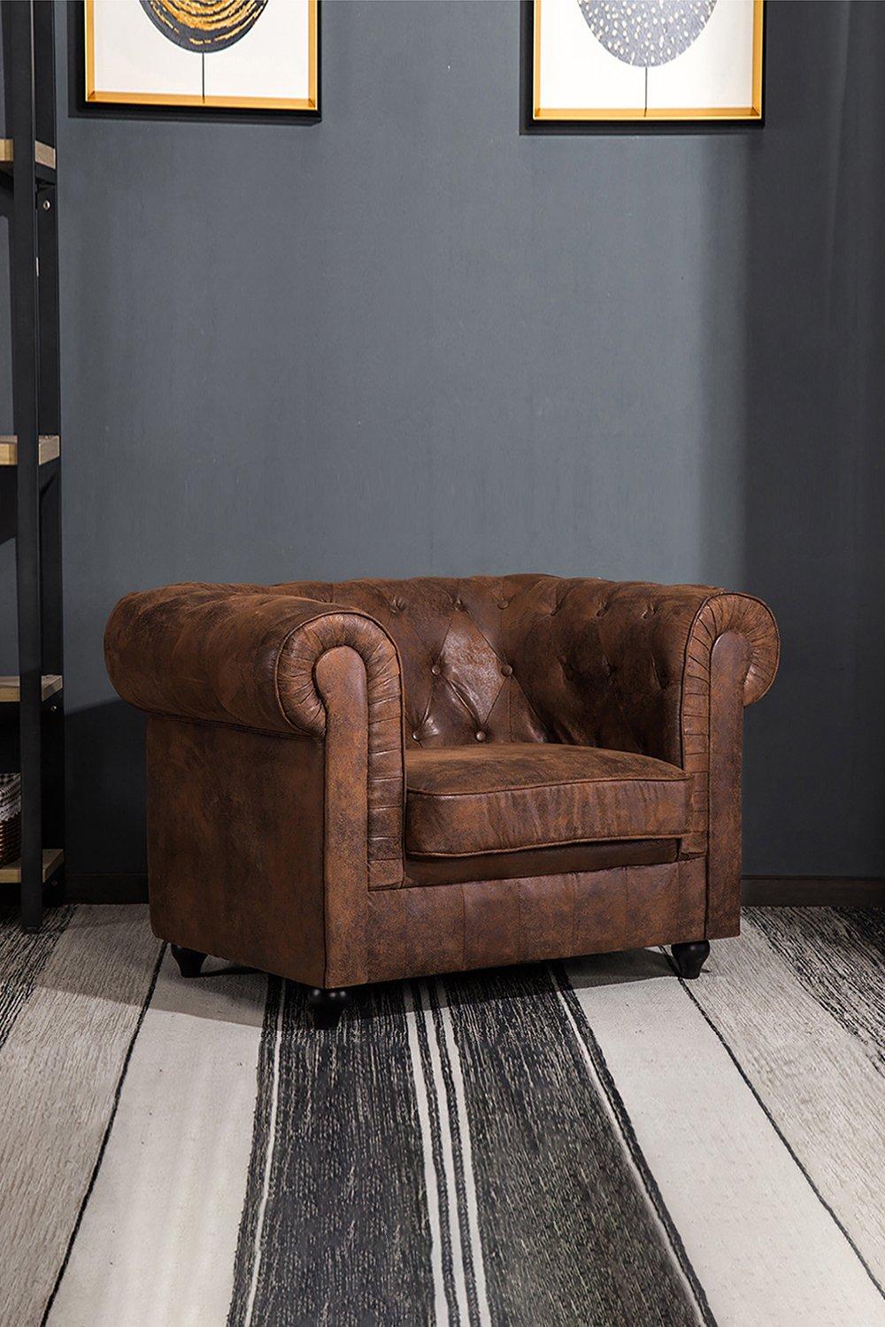 Mid-Century Leather Accent Wingback Chesterfield Armchair