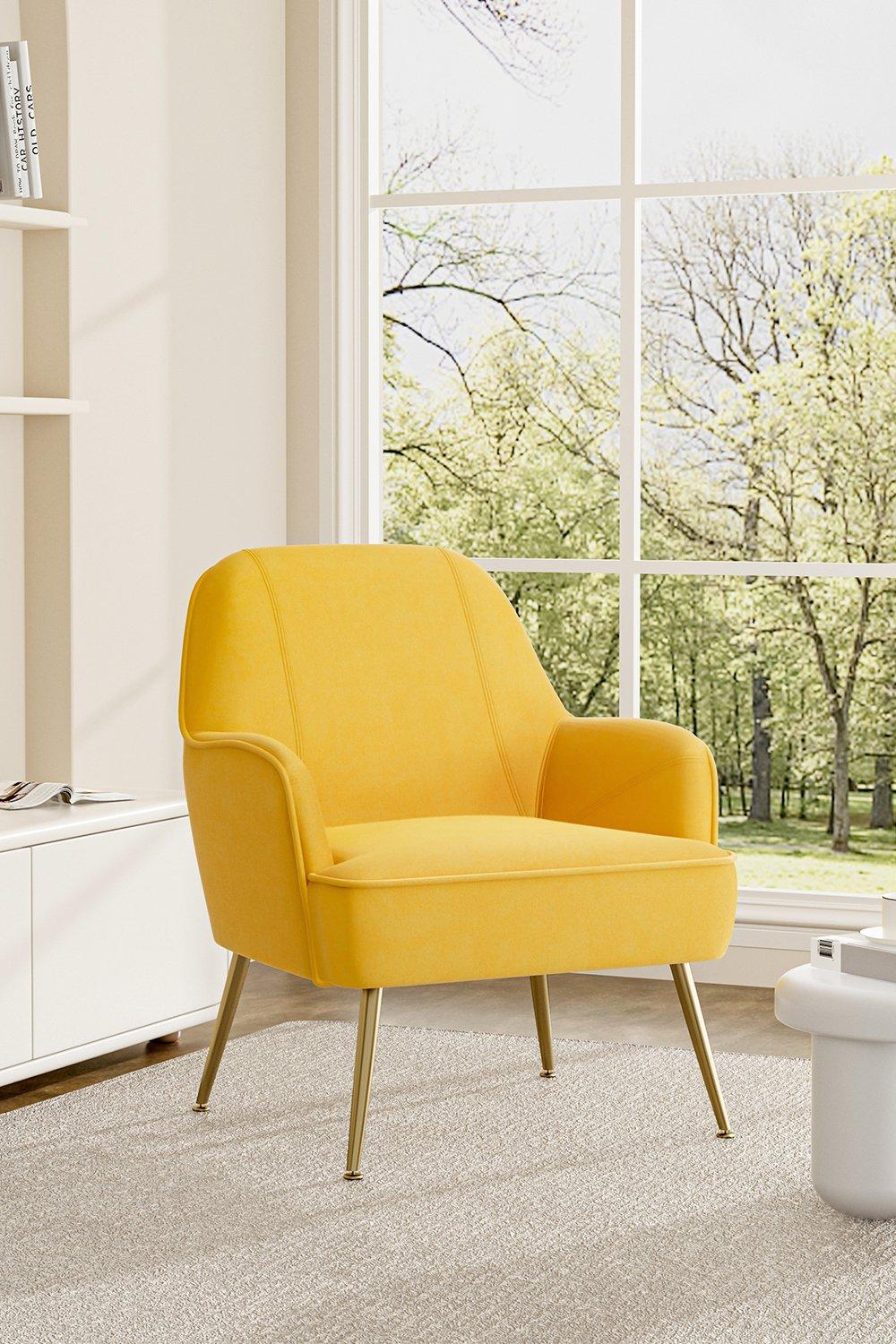 Yellow Warp-Knitted Velvet Upholstered Armchair with Gold Metal Legs
