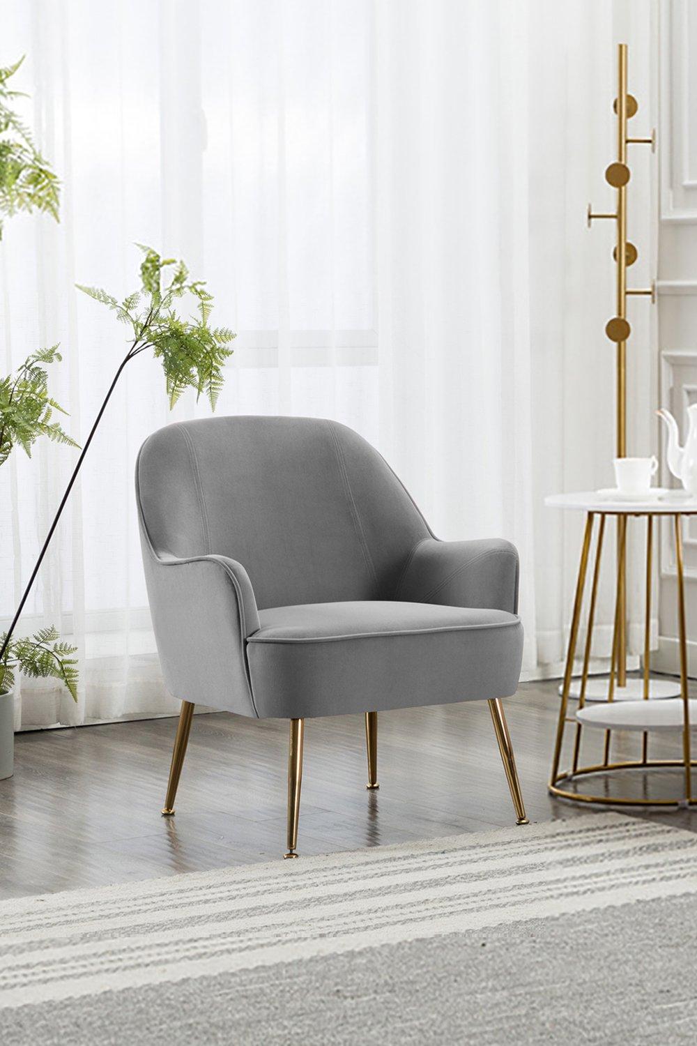 Grey Warp-Knitted Velvet Upholstered Armchair with Gold Metal Legs