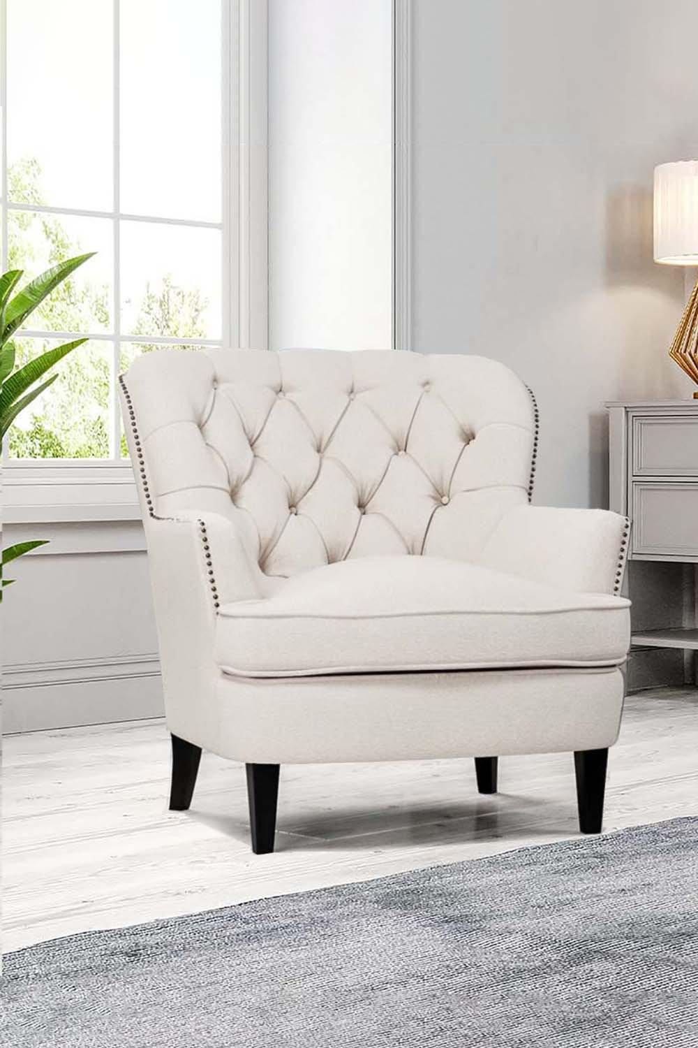 Linen Upholstered Armchair with Wooden Legs