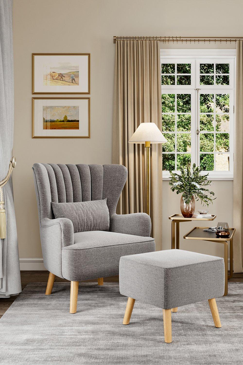 Grey Linen Stripe Curved Wing Back Armchair with Cushion and Footstool