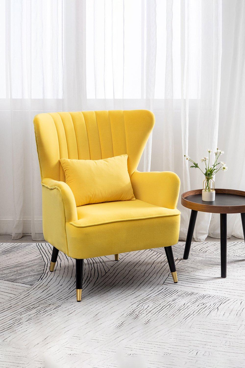 Yellow Velvet Stripe Curved Wing Back Armchair with Pillow