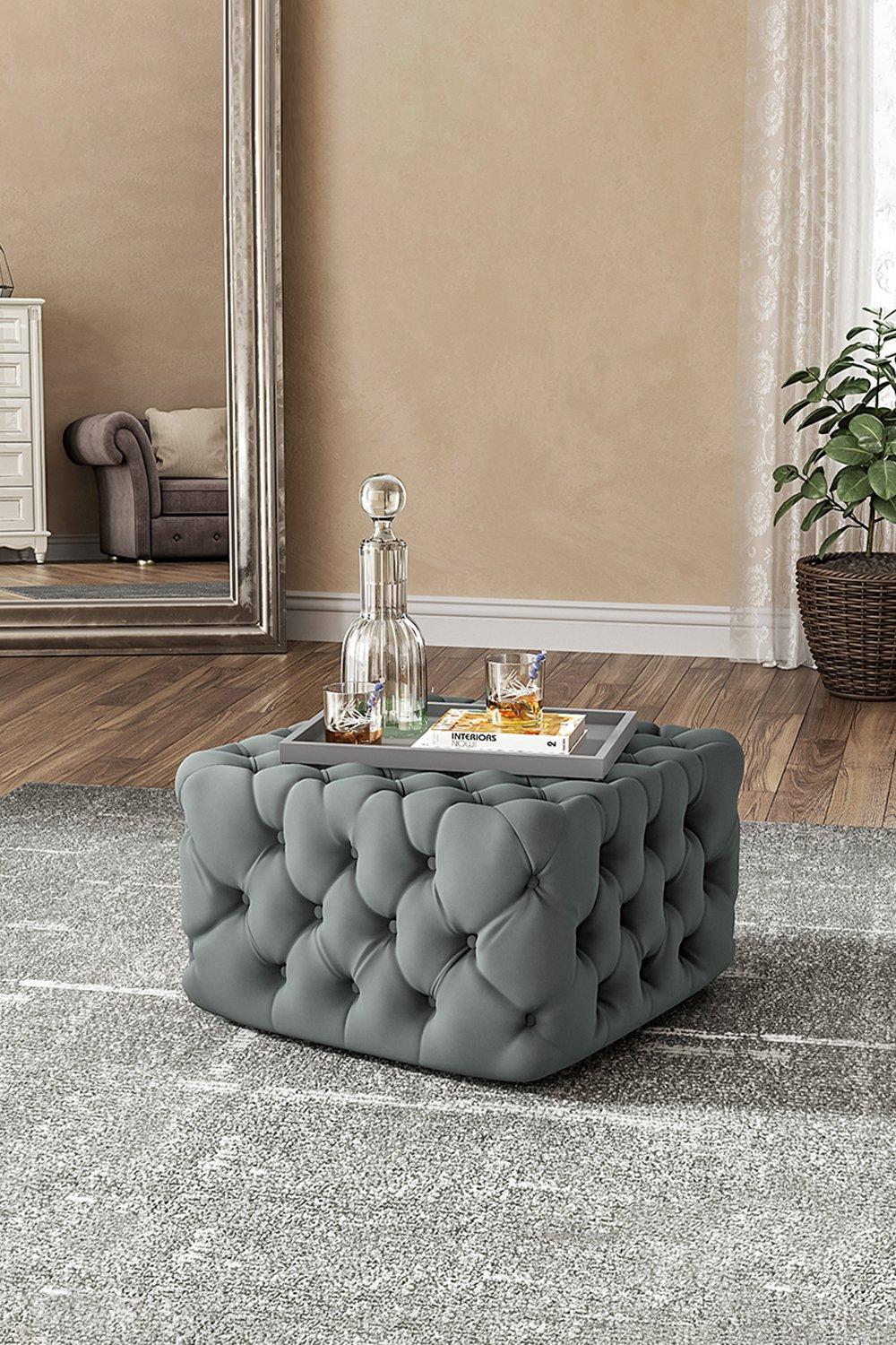 62cm W Grey Velvet Buttoned Tufted Square Footstool Coffee Table