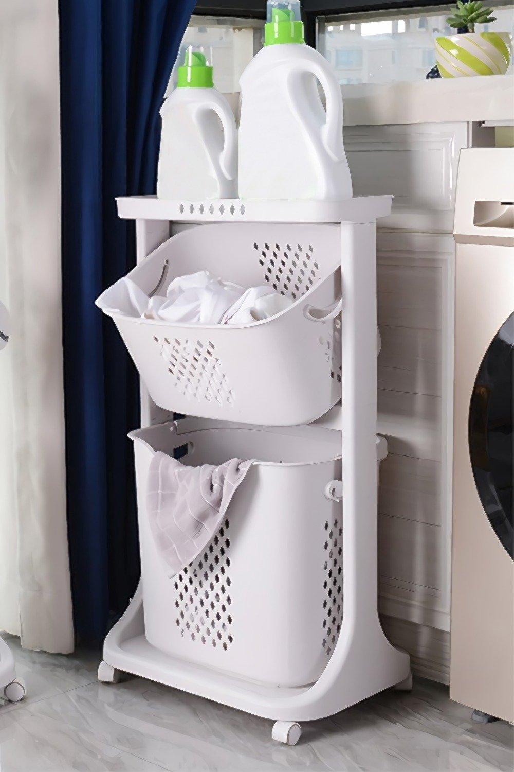 2 Tiers Laundry Basket Ventilated Clothes Storage Shelf Detachable Hamper Rotatable Sorter Cart with