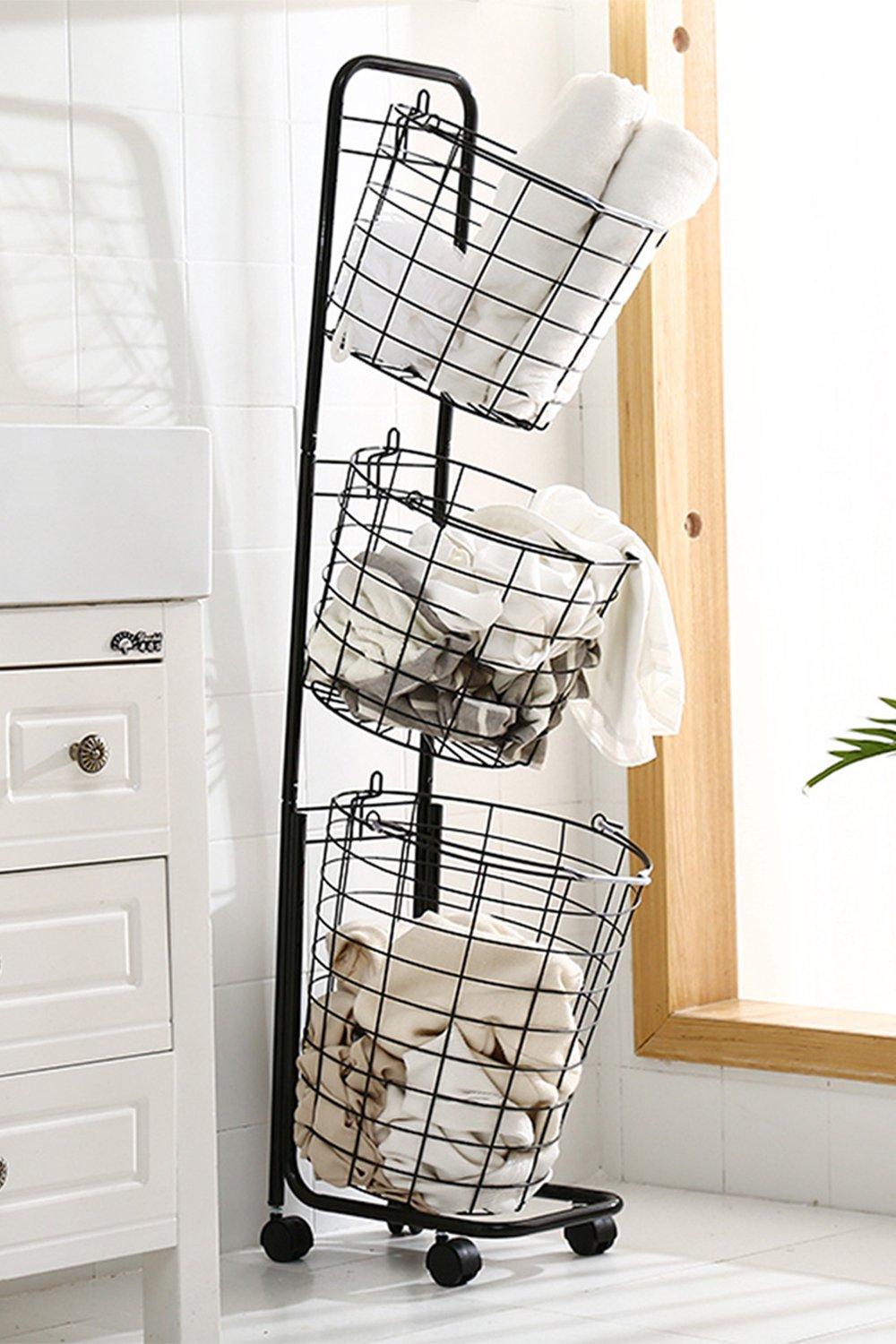 3 Tiers Metal Laundry Basket Wire Storage Dirty Clothes Detachable Basket with 4 Wheels