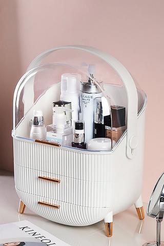 Product Cosmetic Organizer Skincare Display Box With 2 Layers Of Storage Boxes And Transparent Lid Elegant Makeup Storage Organizer Box with Drawers and Handle White