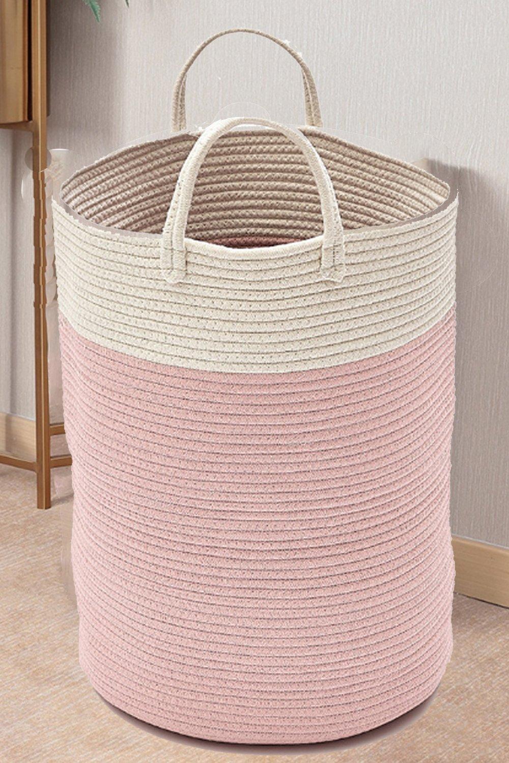 63L Woven Cotton Rope Laundry Hamper Basket Toys Storage with Handlers Pink 50cm H