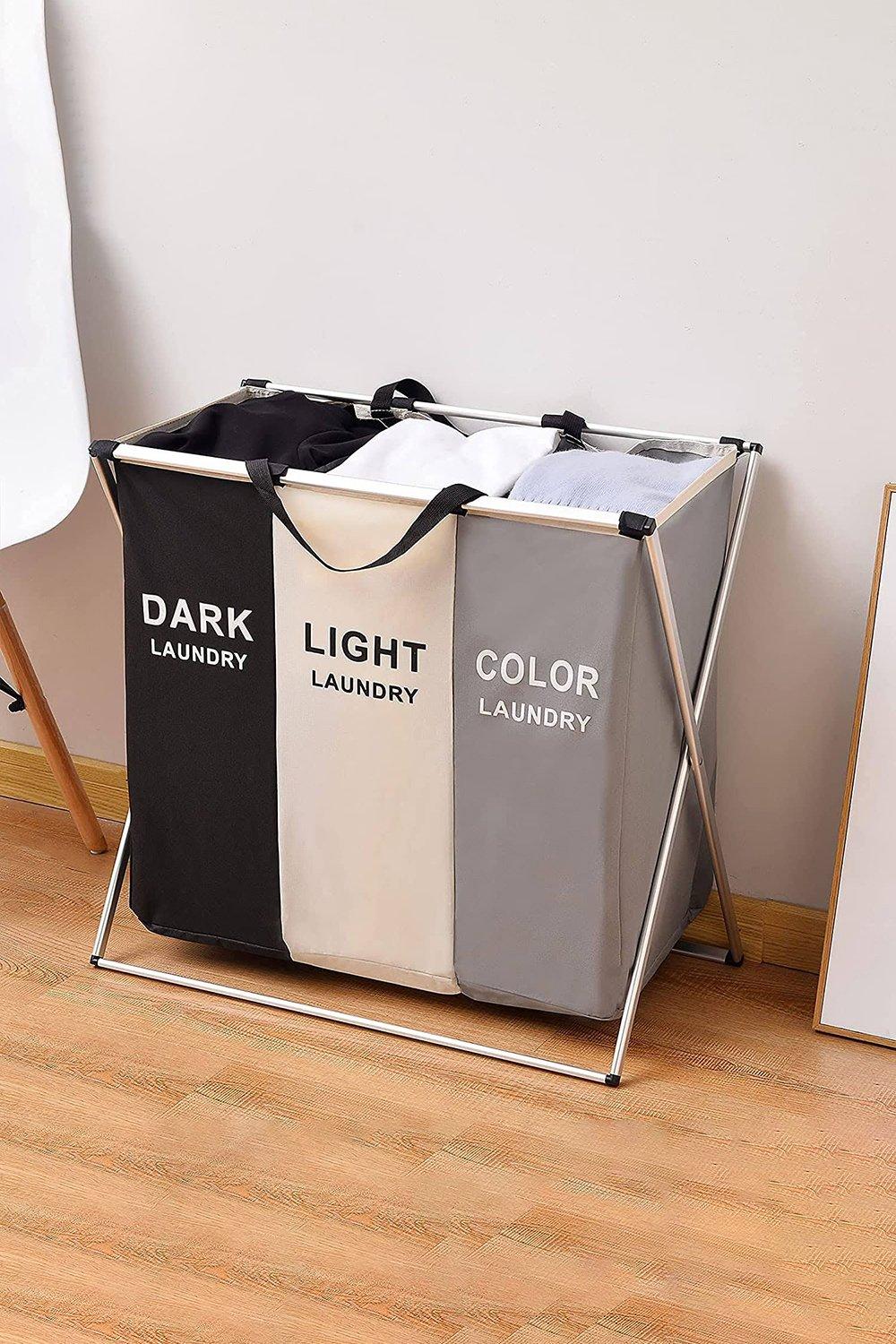 3 Compartment Foldable Laundry Basket Large Detachable Sorter Hamper with Carry Handle