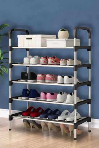 Product 5 Tiers Shoe Rack Organizer Stainless Steel Stackable Space Saving Shoes Shelf Black