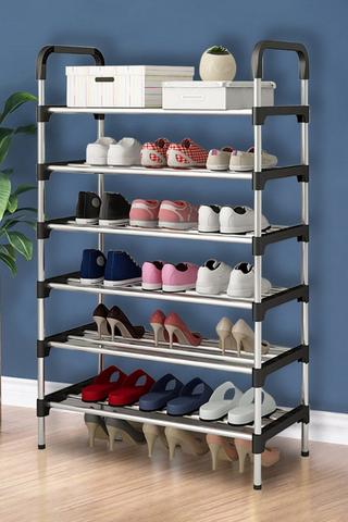 Product 6 Tiers Shoe Rack Organizer Stainless Steel Stackable Space Saving Shoe Shelf Black