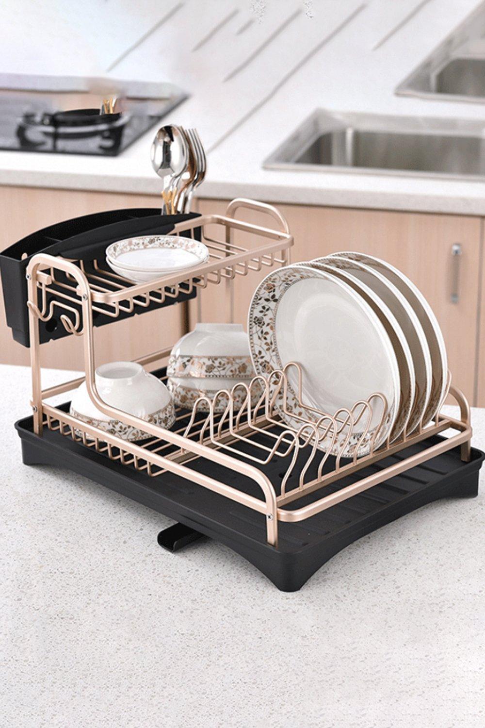 2-Tier Dish Drainer Rack Storage  Organization Shelf with Removable Drip Tray & Cutlery Holder Kitch