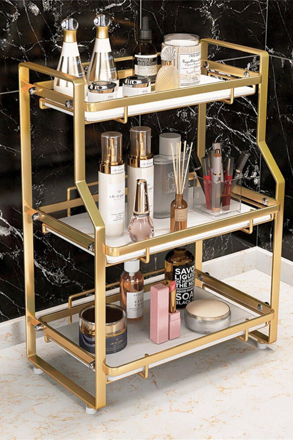 3 Tier Cosmetics Organiser Storage Shelf Rack White & Gold