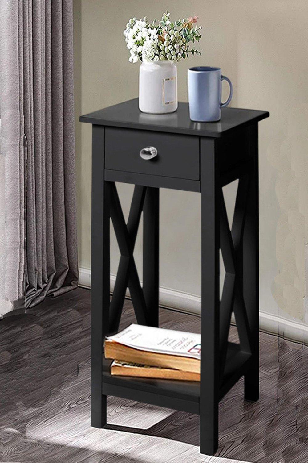 2 Tier Wooden Slim Side Table Bedside Sofa Side Table with Drawer&Shelf Wood Nightstand