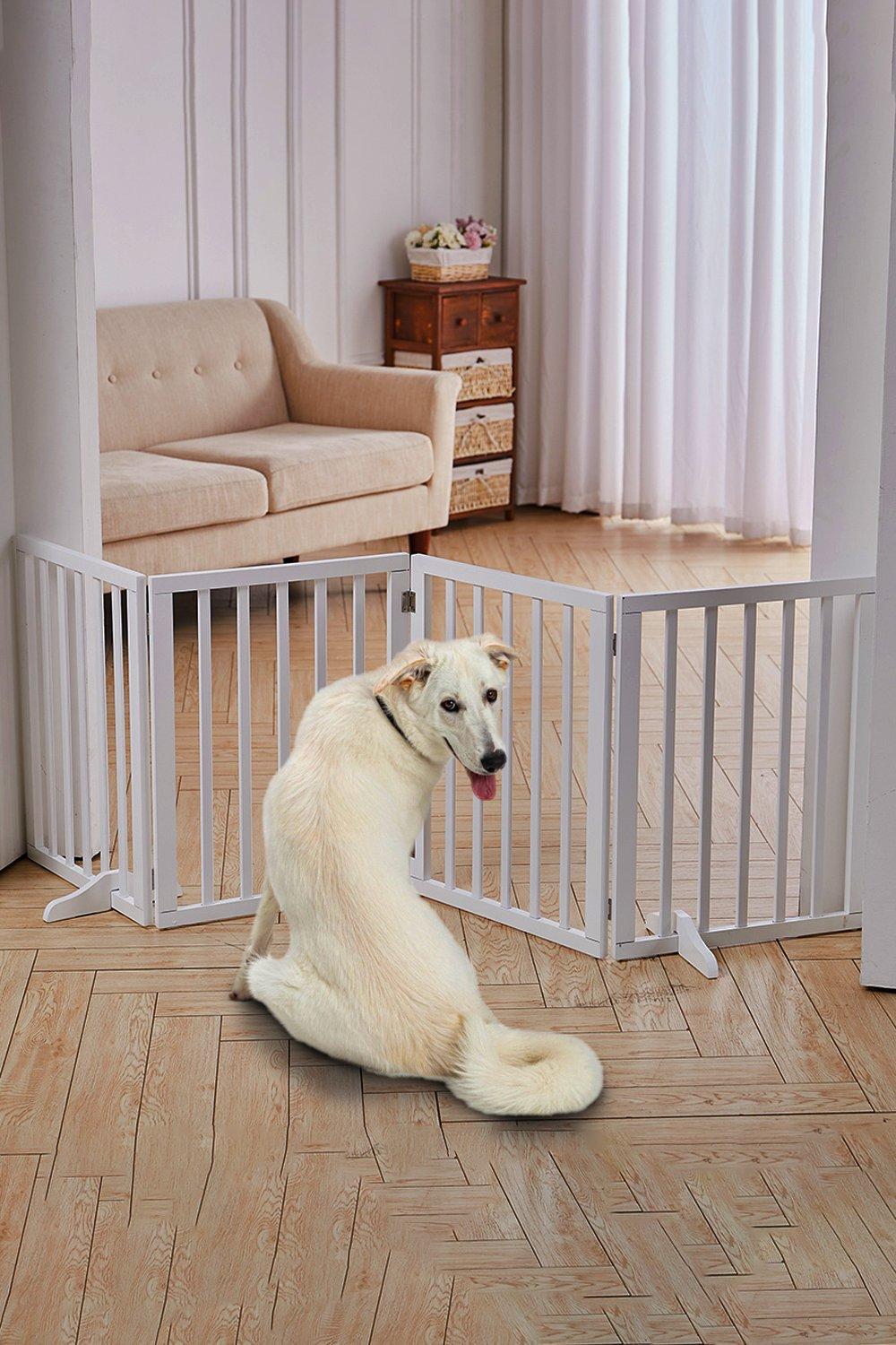 4 Panel Wooden Foldable Pet Gate Dog Cat Fence Child Safety Indoor Durable Freestanding with  Fixed 