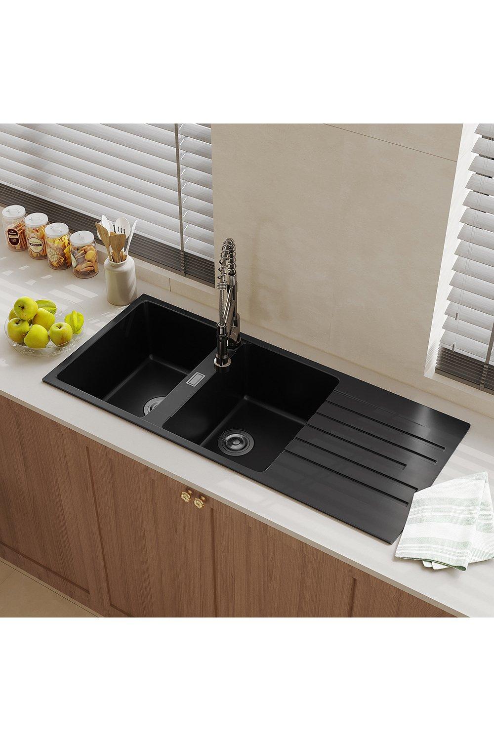 116x50Cm Quartz Undermount Double Bowl Kitchen Sink with Drainboard
