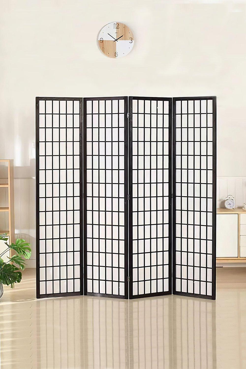4-Panel Black Solid Wood Folding Room Divider Screen