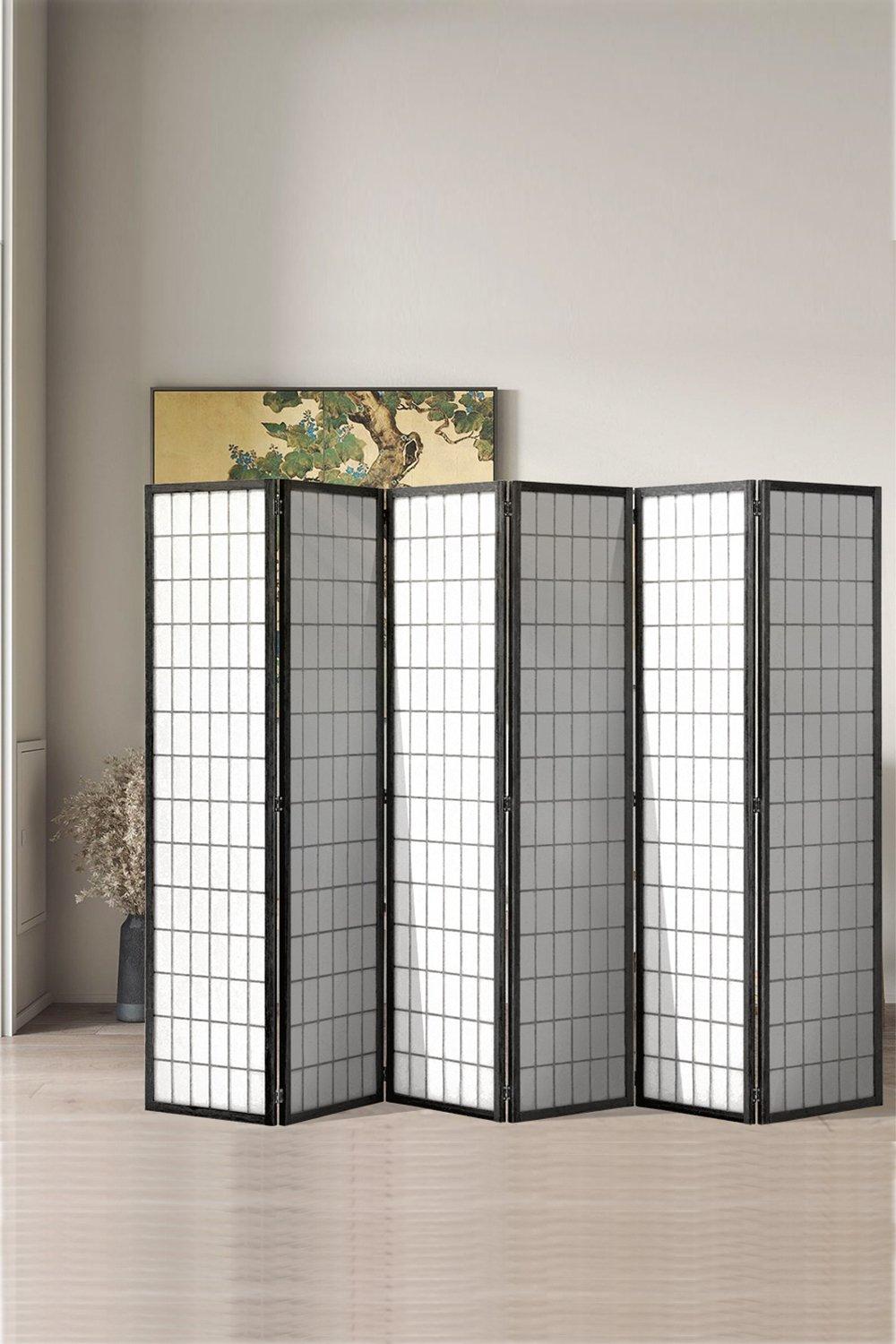 6-Panel Black Solid Wood Folding Room Divider Screen