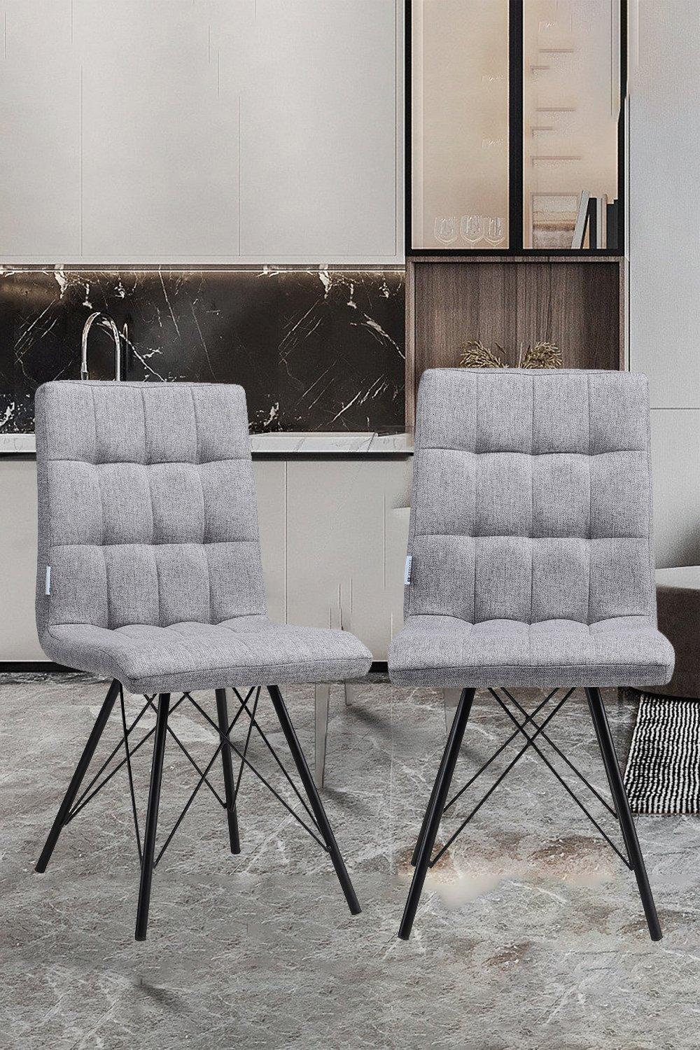 2Pcs Grey Linen Fabric Grid Upholstered Dinning Chair